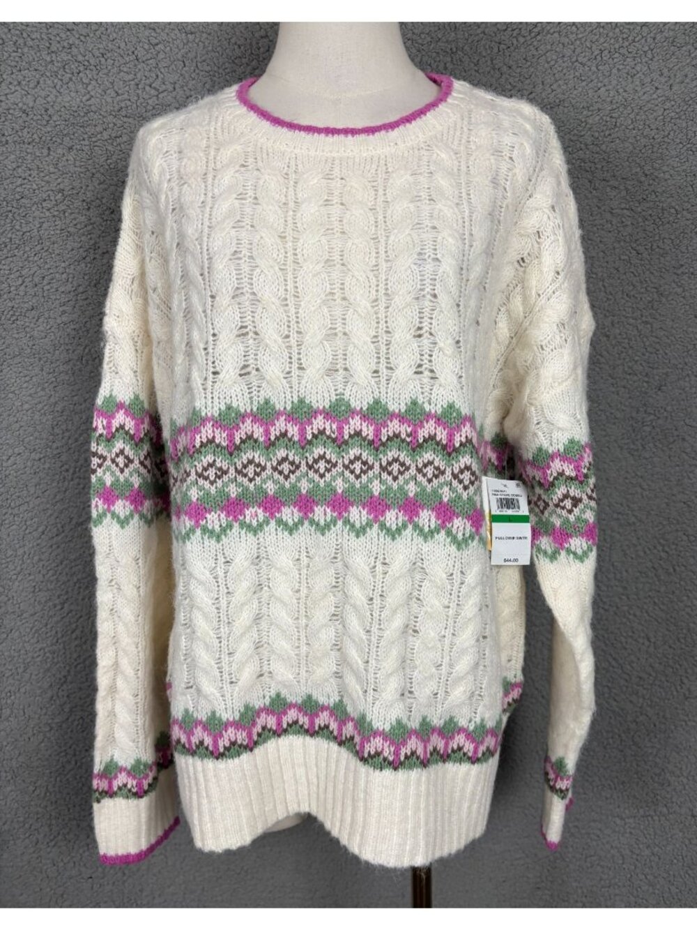 Sugar Moon Juniors' Cable-Knit Fair Isle Sweater Pink Stripe Combo Multi Lg NWTs